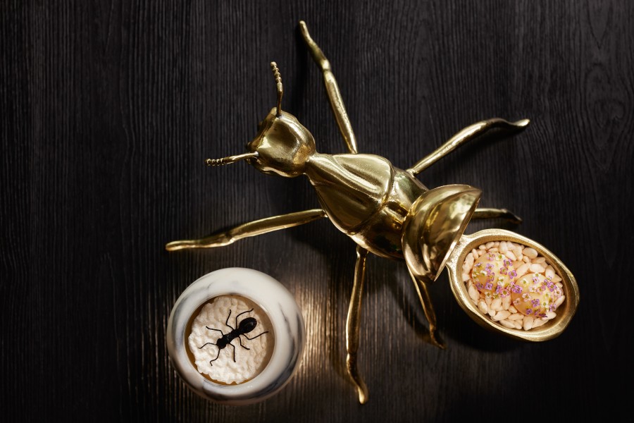 goldene Ameise mit weißem Essen auf schwarzem Tisch
